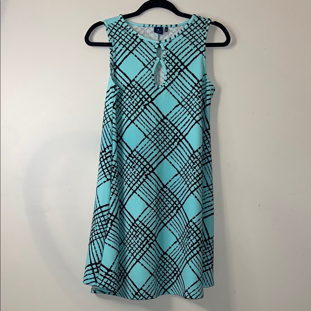 Kaari Blue A-Line Mini Dress Blue Black Geometric Size Small EUC #238 🏷️